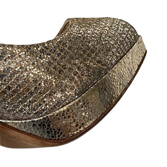 Jimmy Choo Leather Glitter Open Toe Sling Back Heels Champagne Gold Size 38.5 - Picture 10 of 14